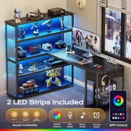 57 Inch L-Shaped Gaming Desk with Open Cabinet, Power Outlets, LED Lights, Adjustable Shelves, Black