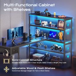57 Inch L-Shaped Gaming Desk with Open Cabinet, Power Outlets, LED Lights, Adjustable Shelves, Black