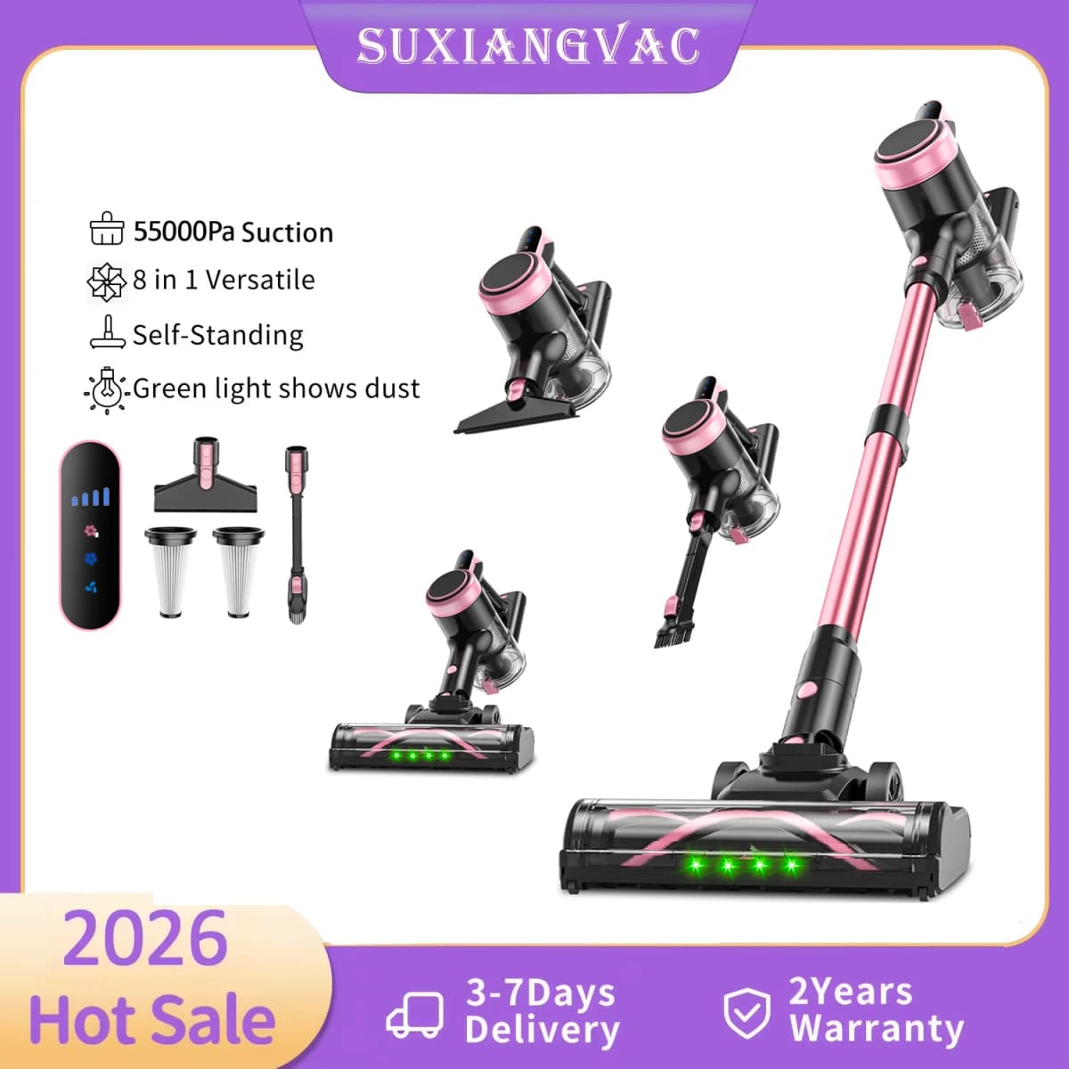 Cordless Vacuum Cleaner, 55KPa Powerful Suction, 45Mins Runtime, Self-Standing Stick Vacuum with 1.5L Dust Cup, 3 Suction Modes for Home Floor,Pet Hair and Carpet
