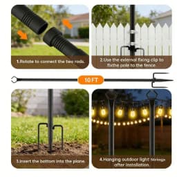 10Ft 4 Pack String Light Poles,Light Poles For Outside Lights,Outdoor With Fence Brackets Hanging Lights,Metal Stand Deck Patio Backyard, Heavy Duty Stepped-In 3-Prong Base Light Pole For Backyard Decoration