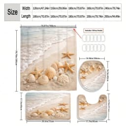 1/3/4pcs Beach Seashell Shower Curtain Set, Seashell and Starfish Bathroom Decor, Accessories with Bath Mat, U - Shaped Mat