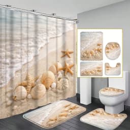 1/3/4pcs Beach Seashell Shower Curtain Set, Seashell and Starfish Bathroom Decor, Accessories with Bath Mat, U - Shaped Mat