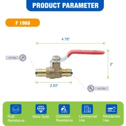 KING SMART 1/2" F1960/PEX A Ball Valve; for Hot and Cold Water System; 1/4 Turn;10 Pcs/Case; 80281