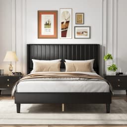 JHK Basic Upholstered Platform Bed Frame with Modern Wingback Headboard Wooden Slats 800lbs Capacity No Box Spring Needed Easy Assembly For Bedroom