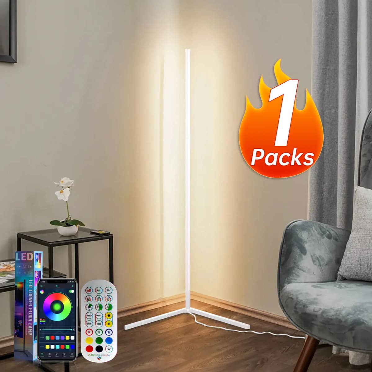 White L-Shaped Floor Lamp, USB Floor Light, Bluetooth APP & Remote Control Standing Lamp, Modern Floor Lamp for Living Room Bedroom Office