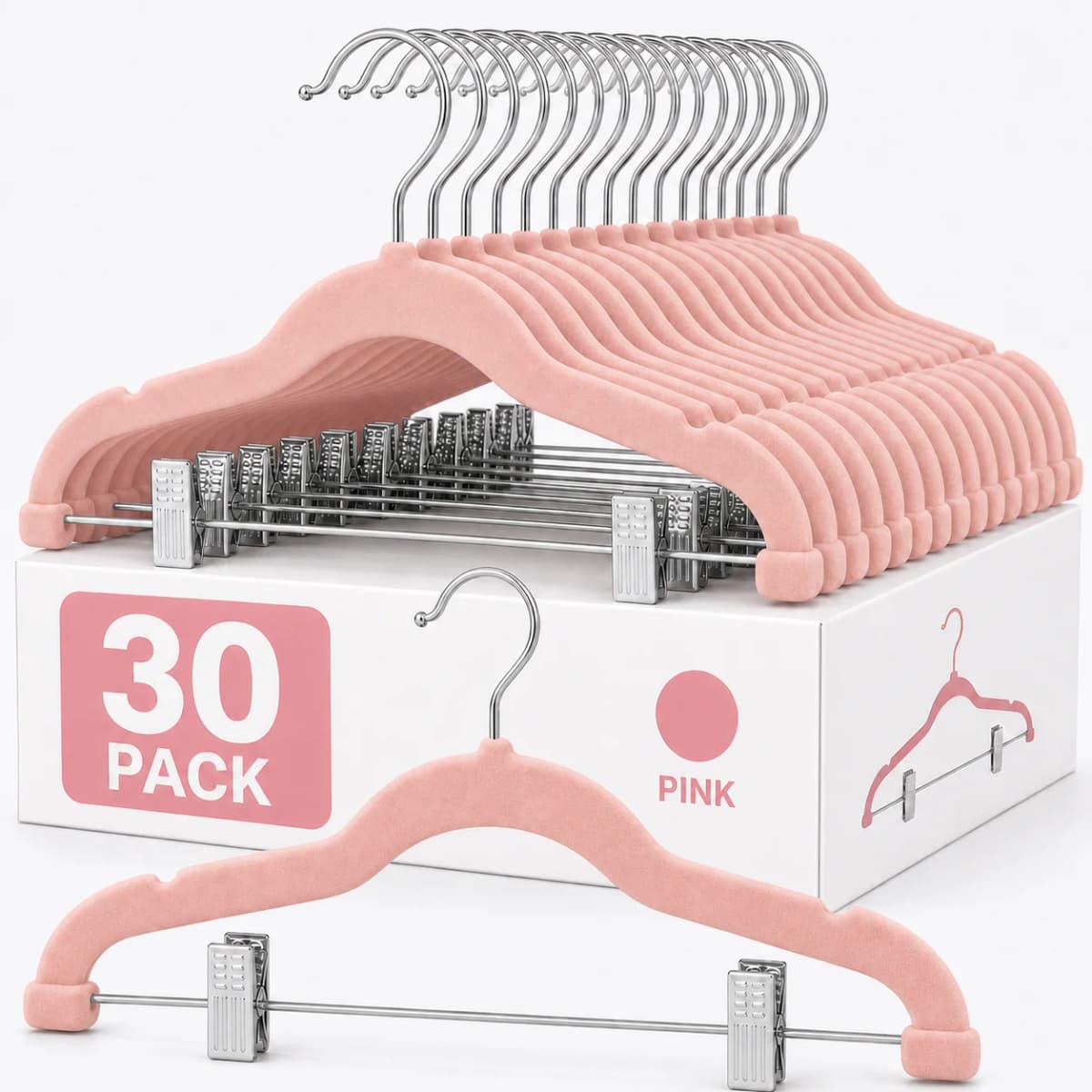 30 PCS Velvet Pants Hangers with Adjustable Clips, 16.7 Inches Heavy Duty Non-Slip Space Saving Clothes Hangers for Pants Skirts Coats Dresses Tank Tops