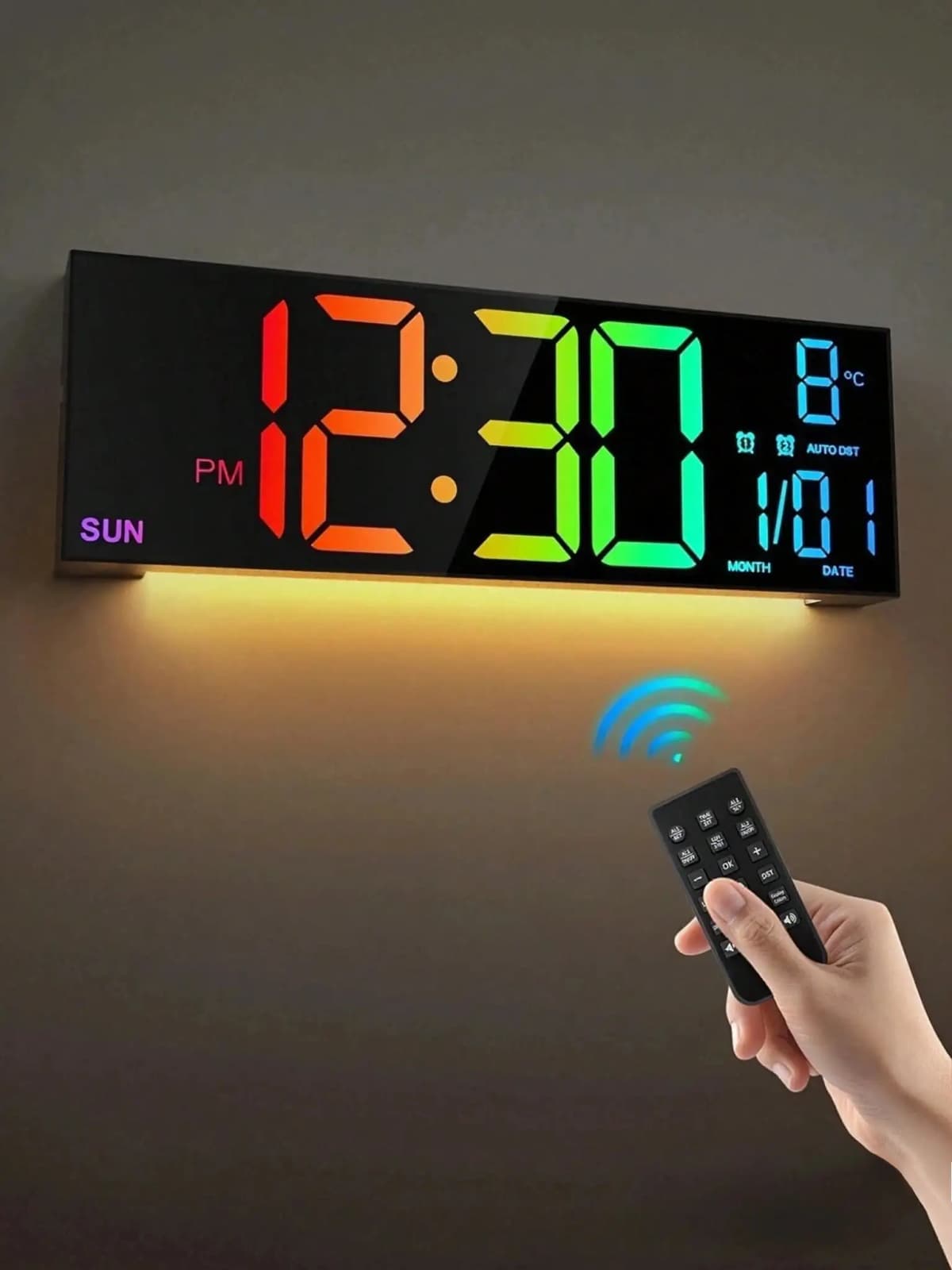 Modern 16-Inch Black LED Digital Wall Clock With Remote Control, Temperature Display, And Auto-Dimming For Stylish Home Decor