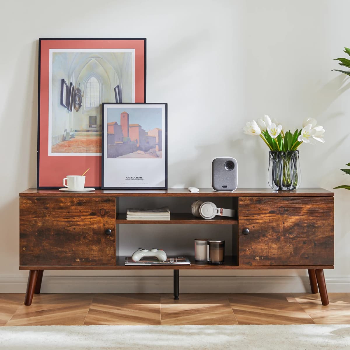 MCQ Living Room Wooden For 50 Up To 60 Inch TV Stand Adjustable Shelf 2 Storage Entertainment Center For Home Media Console