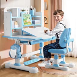 Kid's Study Desk and Chair Set, Height Adjustable Children's Desk and Chair Set with Bookshel and Storage Der, 50-Degree able De