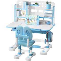 Kid's Study Desk and Chair Set, Height Adjustable Children's Desk and Chair Set with Bookshel and Storage Der, 50-Degree able De