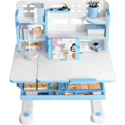 Kid's Study Desk and Chair Set, Height Adjustable Children's Desk and Chair Set with Bookshel and Storage Der, 50-Degree able De