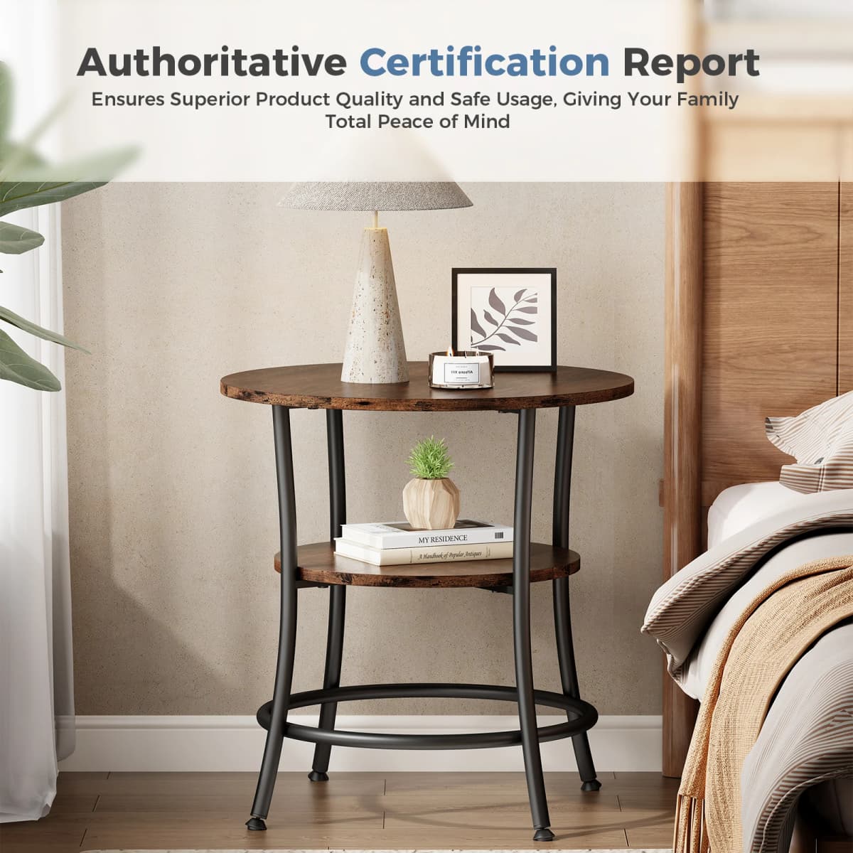 MCQ 2-Tier Wood Shelfs Round End Tables for Living Room 21.85 Inch Sturdy Metal Frame with Storage Shelf Coffee Tables Storage Shelf For Small Spaces Tea Dining Tables