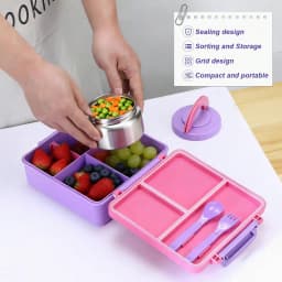 Bento Lunch Box with 8oz Soup Jar, Leakproof 3-Compartment Food Container, Insulated Hot Lunch Carrier for School, Travel & Work, Microwave Safe