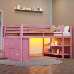 BTHST Low Lot Bed Twin Size with 6 Storage Ders, LED Lights Lot Bed | Pink Twin Size Lot Bed with Storage, 2-Tier Storage Bookca