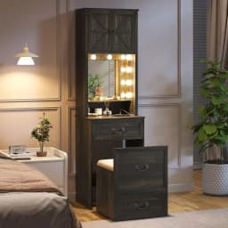 Vanity Desk with Mirror, Lights, and Storage for Makeup, Compact Desk with Drawers and Shelves, Vanity Table with Hidden Chair,