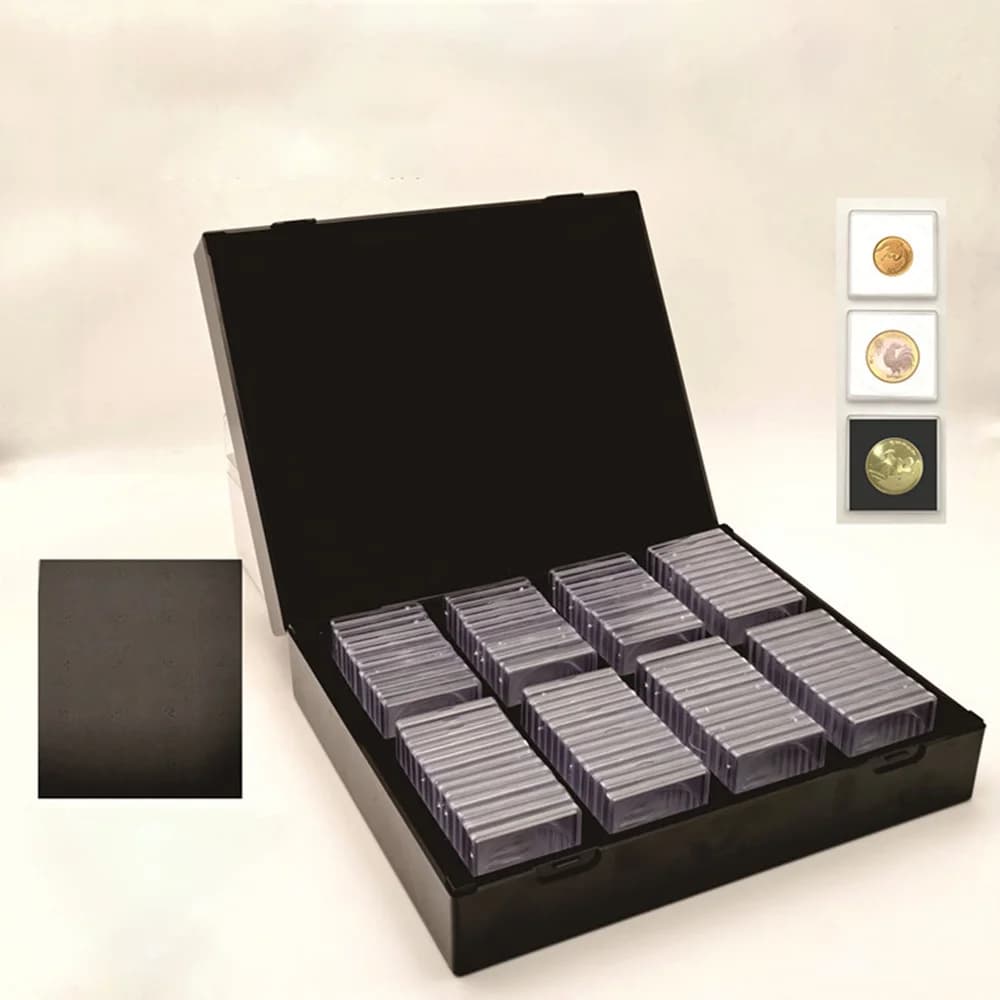 100 Slots Coin Collection Storage Box with 100Pcs Square Clear Coin Holders Shockproof Plastic Coin Capsule Organizer Case Dustproof Protective Container for Commemorative Coins Medals Collectibles