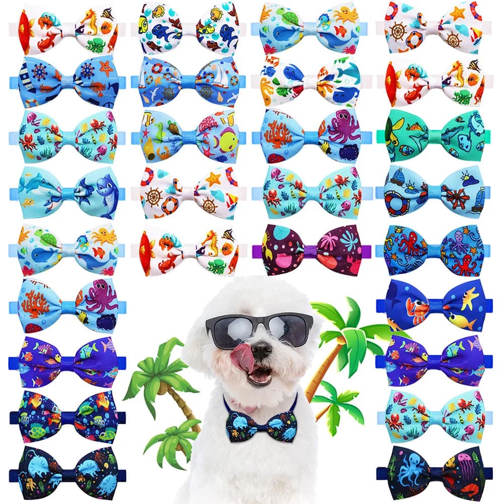 10PCS Summer New Dog Bow Tie Beach Series Handmade Adjustable Cartoon Print Pet Collars Neckties For Dog Pet Dog Accessories