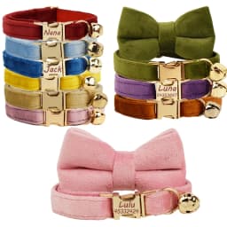 Personalized Collar for Cat Kitten Collar Velvet Puppy Small Dogs Collars Customized Engraving Name Cat Necklace with Bell Bow
