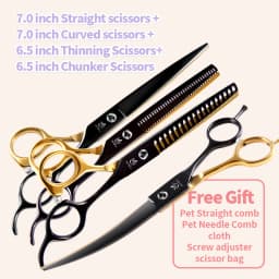 Fenice Professional Black and Gold Two-Color Pet Dogs Grooming Scissors Set for Small Dogs Straight Curved Thinning Shears