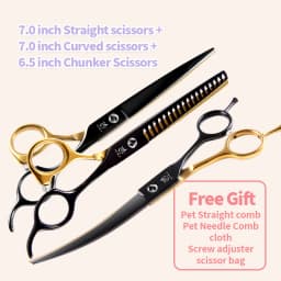 Fenice Professional Black and Gold Two-Color Pet Dogs Grooming Scissors Set for Small Dogs Straight Curved Thinning Shears