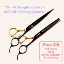 Fenice Professional Black and Gold Two-Color Pet Dogs Grooming Scissors Set for Small Dogs Straight Curved Thinning Shears