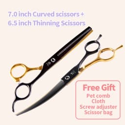 Fenice Professional Black and Gold Two-Color Pet Dogs Grooming Scissors Set for Small Dogs Straight Curved Thinning Shears