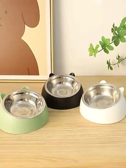 1pc Cat Bowl Lovely Creative Inclined Kitten Puppy Food Feeding Bowls Stainless Steel Cats Drinking Feeder Pet Dogs Cats Feeders