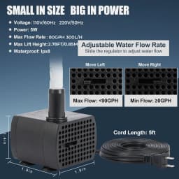 80GPH 300L/H Submersible Water Pump 5W Ultra Quiet Adjustable Flow IPX8 for Aquarium Fish Tank Pond