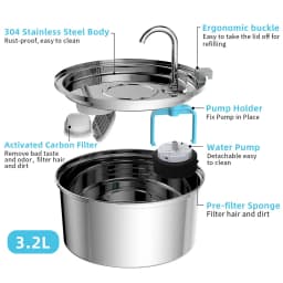 3.2L Large Capacity Stainless Steel Cat Dog Pet Drink Fountain 5V USB Silent Water Pump Dispenser USB Fountain Water Bowl