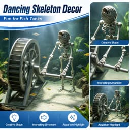 Rafford 3D Fish Head Skeleton Water Wheel Aquarium Ornament Creative Fish Tank Decoration Funny Underwater Scene Decor Gift