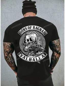 American Skull Print Pattern Men's Soft and Breathable Round Neck T-Shirt Suitable for Outdoor Leisure Shopping Wear