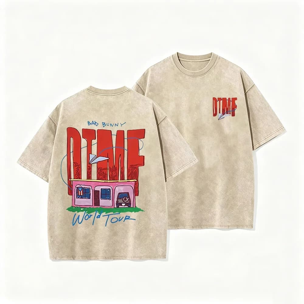 2026 Vintage Washed Beige T Shirt Bad Bunny DTMF World Tour Graphic Tee Unisex Casual Streetwear