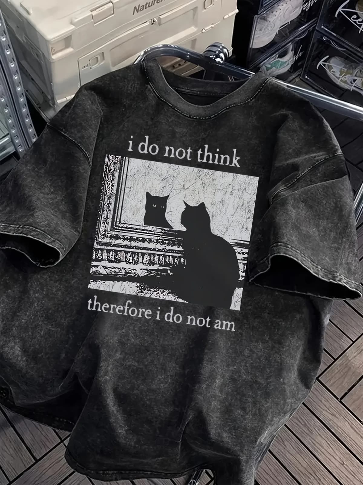 Unisex Washed Cotton Casual Loose Fit Graphic T-Shirt "I Do Not for THINK Therefore I Do Not Am" Cat Print Summer Short Sleeve