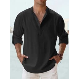 Cotton Linen Hot Sale Men's Long Sleeve Shirts Summer Solid Color Henley Collar Casual Beach Style Hawaiian Vacation