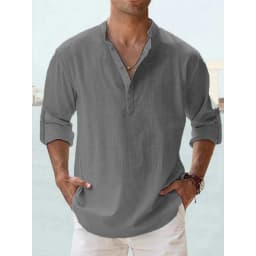 Cotton Linen Hot Sale Men's Long Sleeve Shirts Summer Solid Color Henley Collar Casual Beach Style Hawaiian Vacation