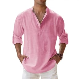 Cotton Linen Hot Sale Men's Long Sleeve Shirts Summer Solid Color Henley Collar Casual Beach Style Hawaiian Vacation