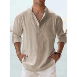 Cotton Linen Hot Sale Men's Long Sleeve Shirts Summer Solid Color Henley Collar Casual Beach Style Hawaiian Vacation