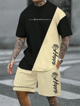 2025 Hot Selling Spliced Pattern Men's T-Shirt Round Neck Short-Sleeved Drawstring Shorts Outdoor Breathable Quick Drying Short