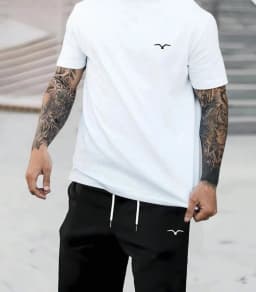 2025 Hot Selling Spliced Pattern Men's T-Shirt Round Neck Short-Sleeved Drawstring Shorts Outdoor Breathable Quick Drying Short
