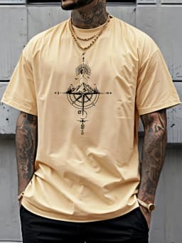 Summer Men's 100% Pure Cotton Casual Sports Loose Oversized Retro Compass Printed Comfortable Round Neck Short Sleeved T-Shirt