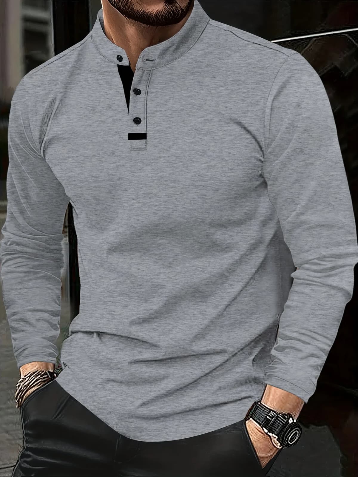 A Stylish Men's Round-Neck Plain Splicing Polo Shirt That Is Suitable for Summer, Autumn, and Winter, and Can Be Worn at Home