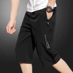 2025 New Men's Seven point Ice Silk Zipper Pocket Casual Pants Breathable Elastic Fabric Slimming Version Summer Outdoor Vacatio