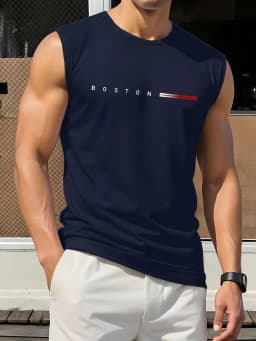 100 Cotton BOSTON Men's Summer Fashionable Casual Sports Loose Printed Comfortable and Breathable Round Neck Sleeveless Vest