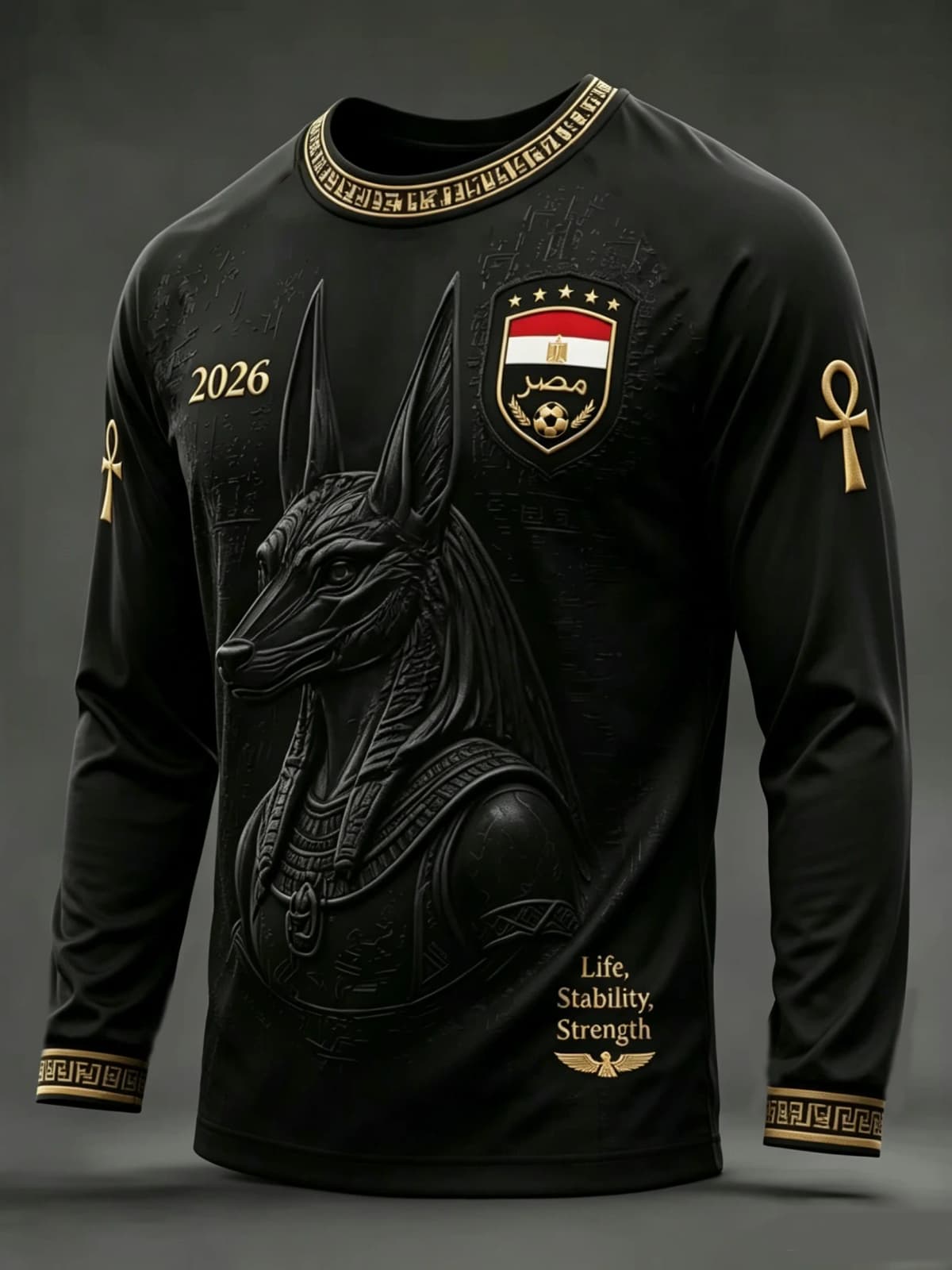 2026 Men’s Egypt‑Style Long‑Sleeve Soccer Shirt,3D‑Printed Ancient Egyptian Graphic,Quick‑Dry Breathable Sports Fan Jersey