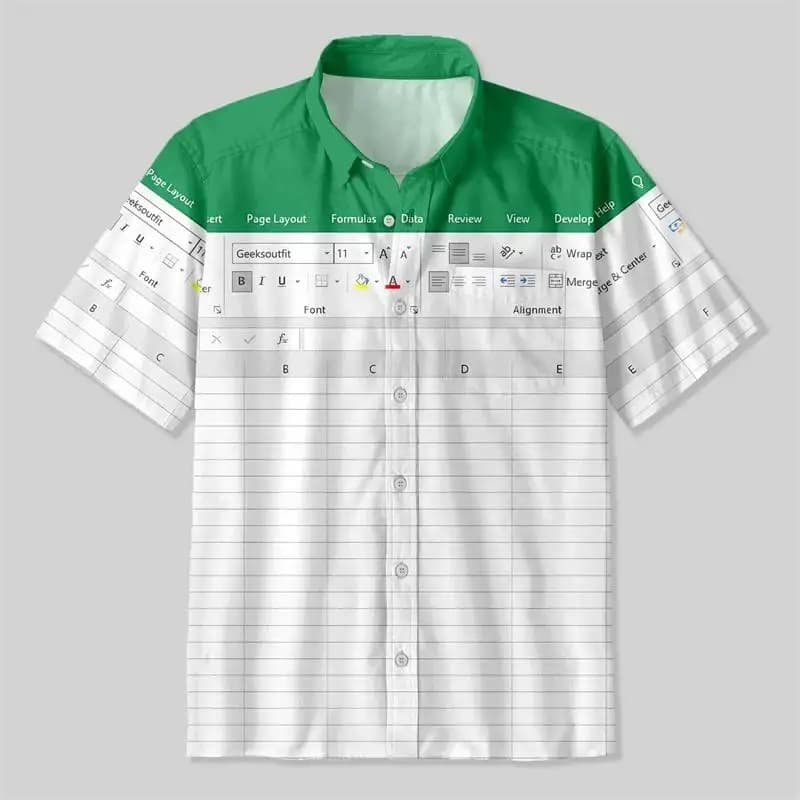 Men's Fun Excel Spreadsheet 3D Print Shirts Green White Funny Office Short Sleeve Lapel Tops Men Clothes