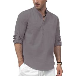 Men's Cotton Linen Long Sleeve Polo Shirt Lightweight Henley Neck Hawaiian Beach Style Solid Color Tops Vacation T-shirt