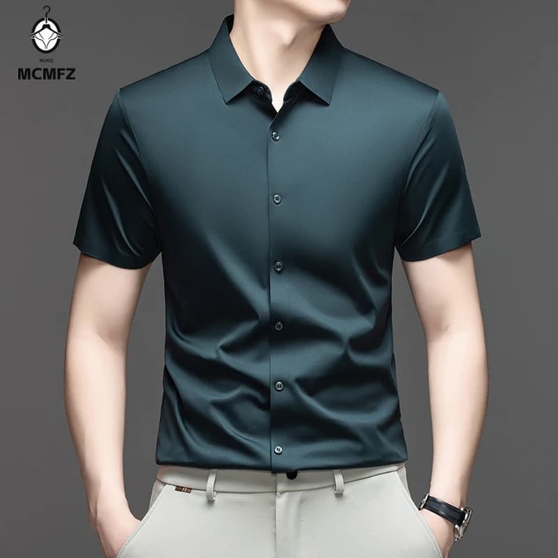 Casual Mens Short Sleeve Button Down Shirt Ice Silk Fabric Breathable Wrinkle Resistant Summer Formal Top