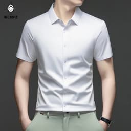 Casual Mens Short Sleeve Button Down Shirt Ice Silk Fabric Breathable Wrinkle Resistant Summer Formal Top