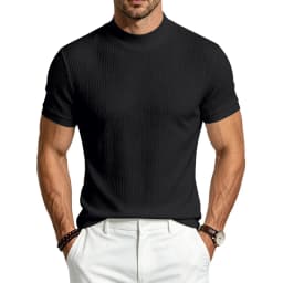 Men Summer Solid Jacquard Textured Mock Neck Short Sleeve T Shirt Slim Fit Simple Versatile Casual Daily Male Basic Tees
