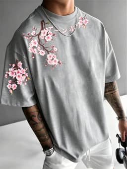 New Men's Summer Personalized Cherry Blossom Branch Letter Print Soft and Breathable Round Neck T-Shirt Outdoor Street Top